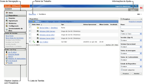 Tela padrão do ZENworks Control Center