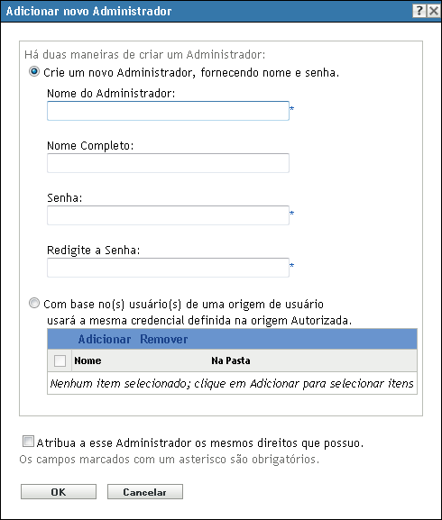 Caixa de diálogo Adicionar Novo Administrador