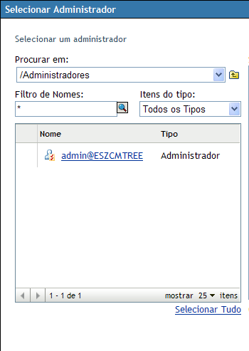 Caixa de diálogo Selecionar Administrador