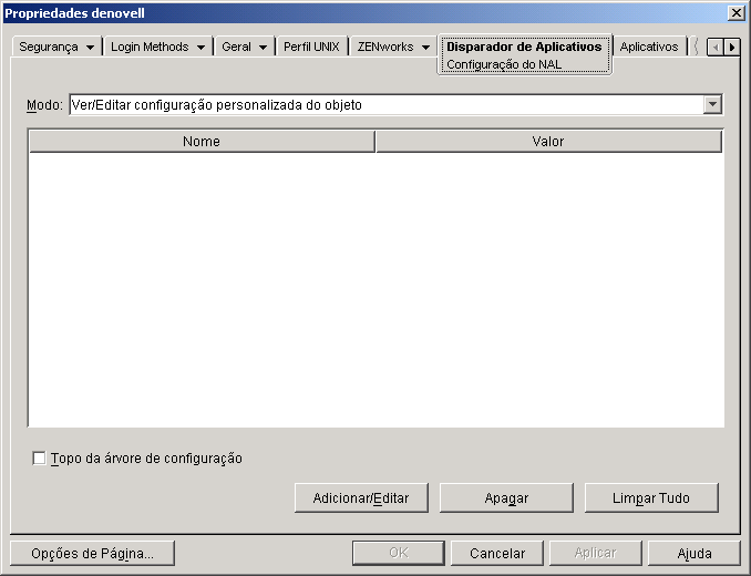 Pgina de Configuraes do NAL de um objeto container