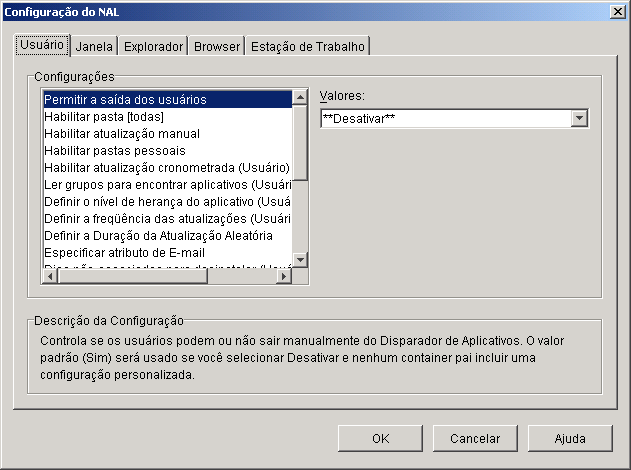 Pgina de Configuraes do NAL, mostrando a guia Usurio