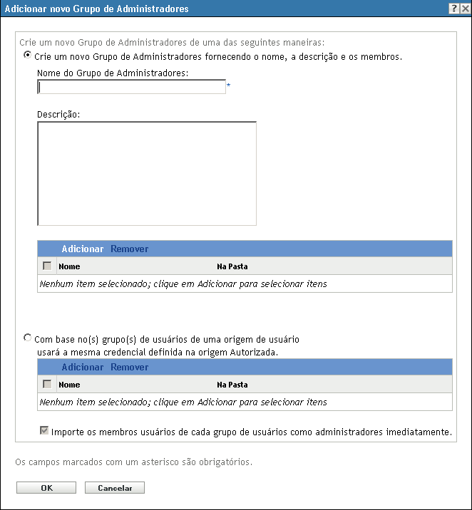 Caixa de diálogo Adicionar novo Grupo de Administradores