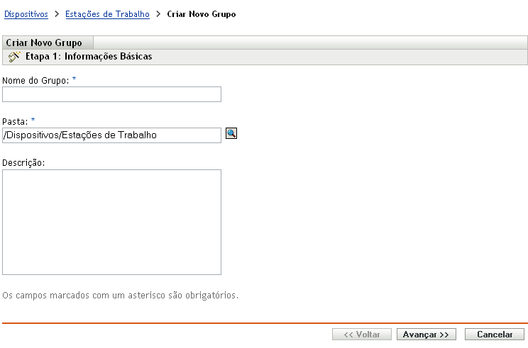 Assistente de Criação de Novo Grupo - página Informações Básicas