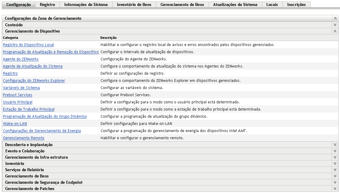 Guia Configuração > painel Gerenciamento de Dispositivo