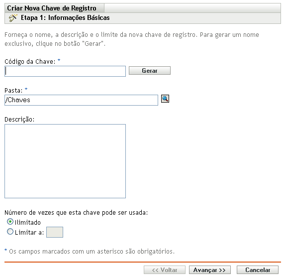 Assistente de Criação de Nova Chave de Registro - página Informações Básicas