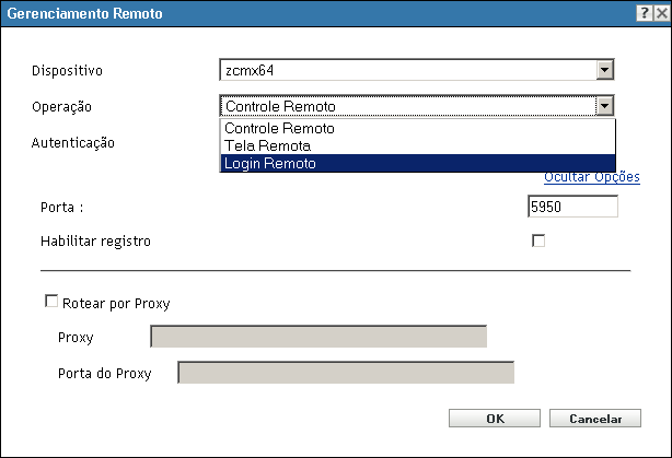 caixa de diálogo Gerenciamento Remoto