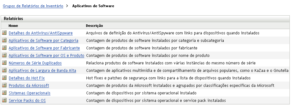 Página Aplicativos de Software