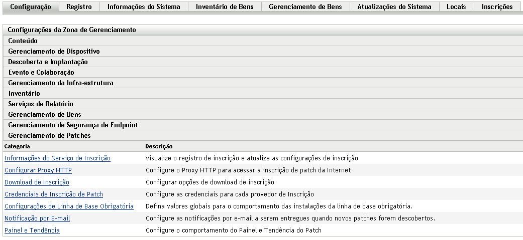 Guia Configuração, Seção Gerenciamento de Patches