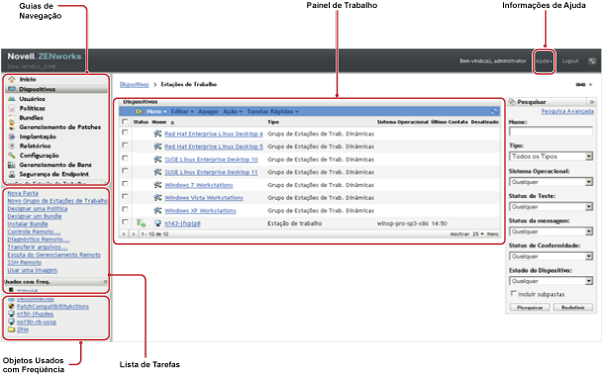 Tela padrão do ZENworks Control Center