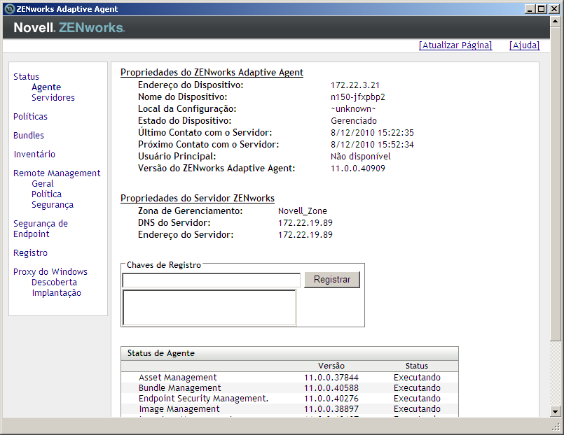 Propriedades do ZENworks Adaptive Agent