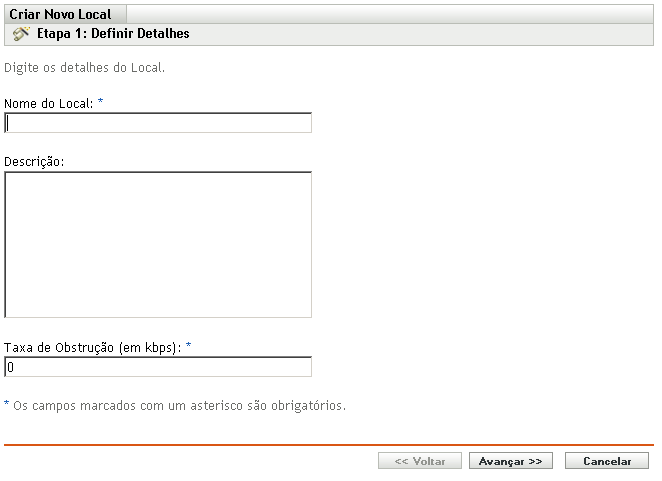 página Definir Detalhes do Assistente Criar Novo Local