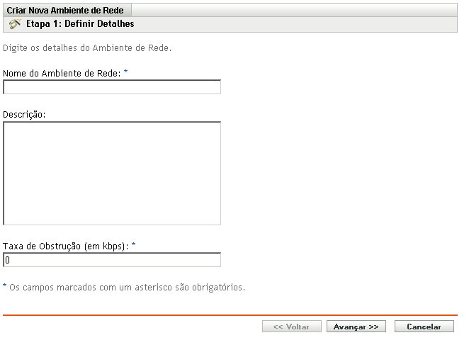 página Definir Detalhes do Assistente Criar Novo Ambiente de Rede