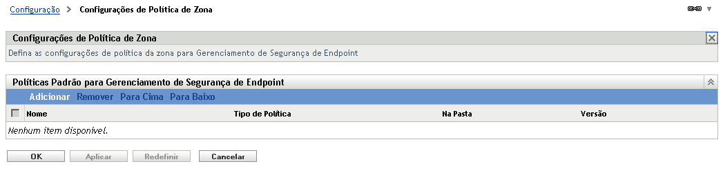 página Configurações de Política de Zona