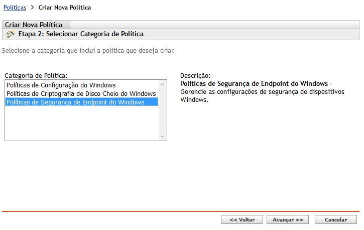 página Selecionar Categoria de Política do Assistente Criar Nova Política