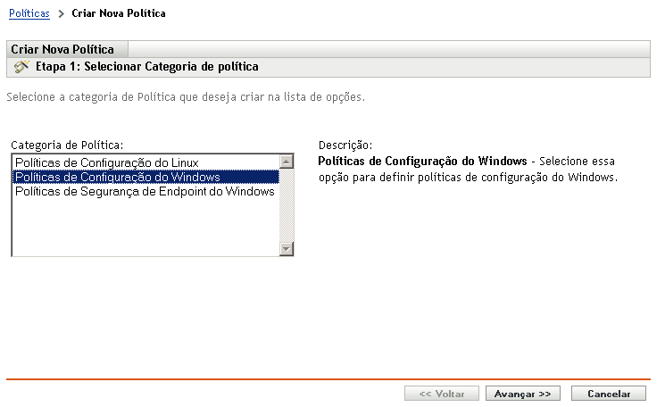 página Selecionar Categoria de Política do Assistente Criar Nova Política