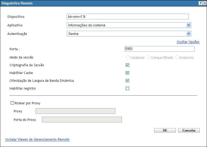 Caixa de diálogo Diagnósticos Remotos