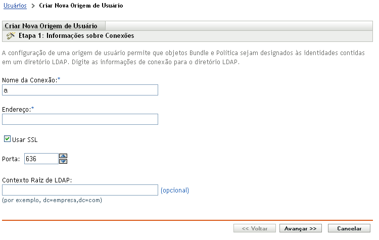 Assistente de Criação de Nova Origem de Usuário - página Informações sobre Conexões