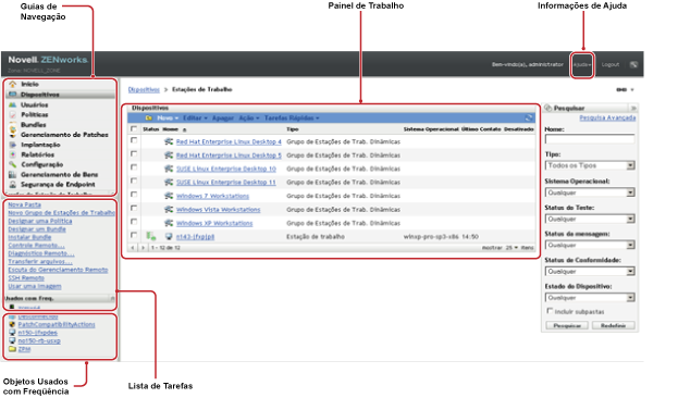 Tela padrão do ZENworks Control Center