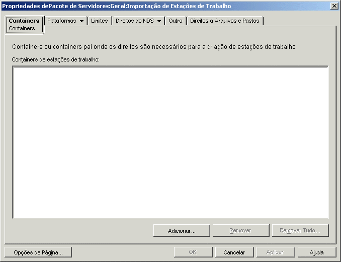 A página Containers da política de Importação de Estação de Trabalho.
