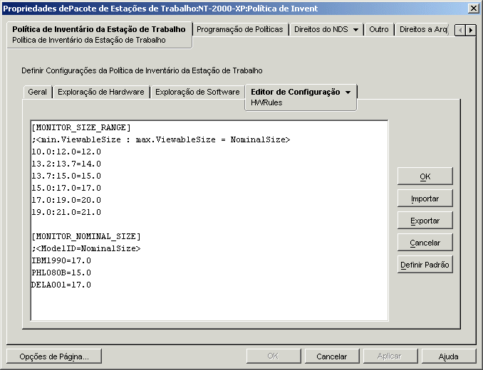 Configurando o arquivo HWRules.ini na caixa de diálogo Inventário da Estação de Trabalho