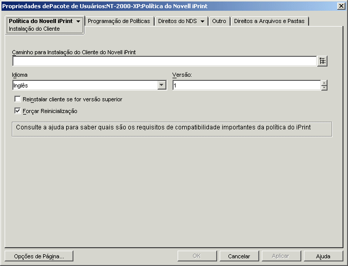 Instantâneo da página Instalação do Cliente da política do Novell iPrint.