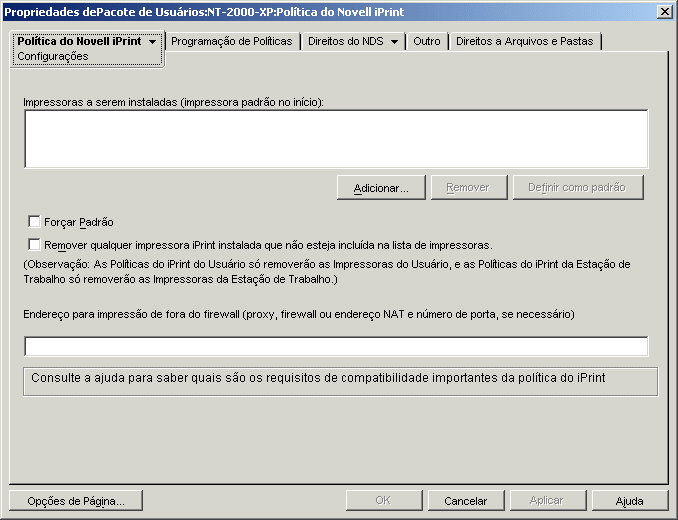 A página Configurações da política do Novell iPrint.