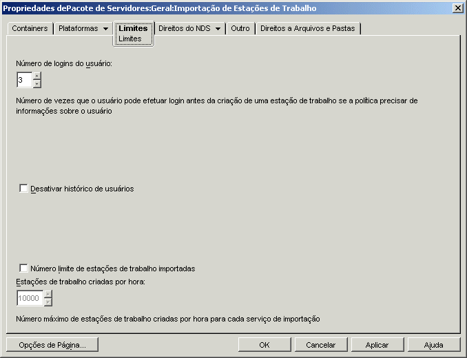 A página Limites da política de Importação de Estações de Trabalho.