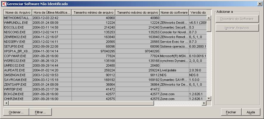 Tabela Gerenciar Software Não Identificado