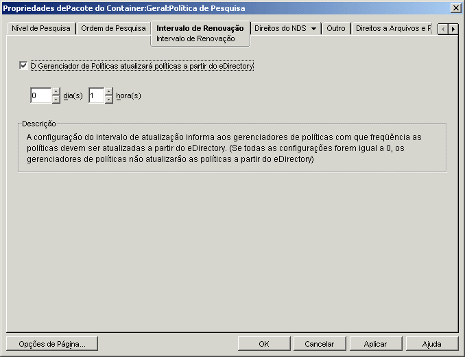 A página Intervalo de Renovação da política de Pesquisa.