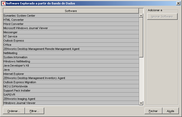 Caixa de diálogo Software Explorado a partir do Banco de Dados