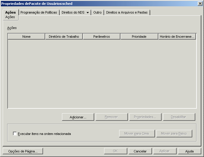 A página Ações da política de Ação Programada.