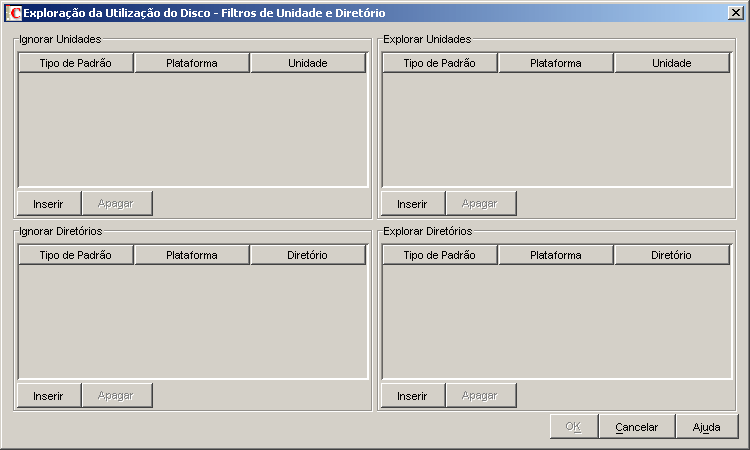 Caixa de diálogo Exploração do Software – Filtros de Unidade e Diretório