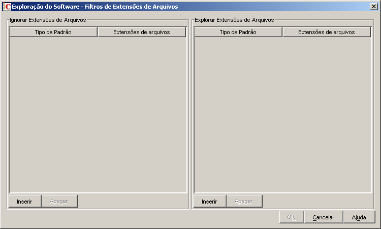 Caixa de diálogo Exploração do Software – Filtros de Extensões de Arquivos