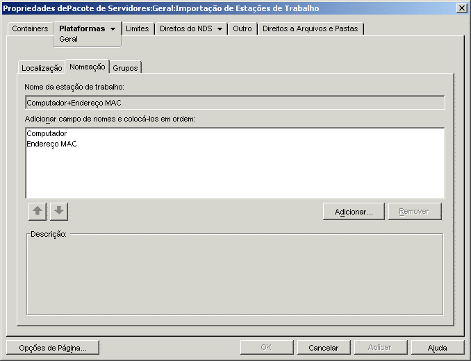 A página Nomeação da política de Importação de Estações de Trabalho.