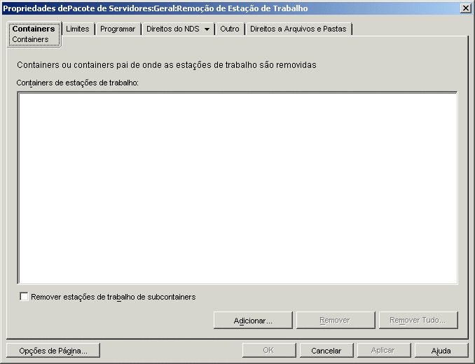 A página Containers da política de Remoção de Estação de Trabalho.