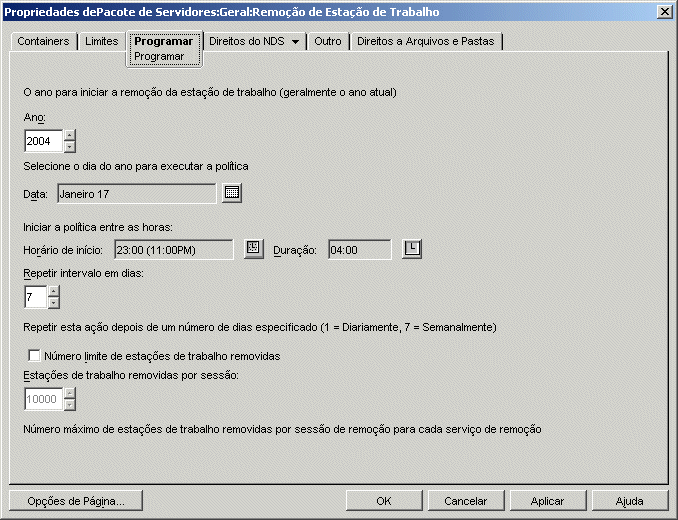 A página Programar da política de Remoção de Estação de Trabalho.