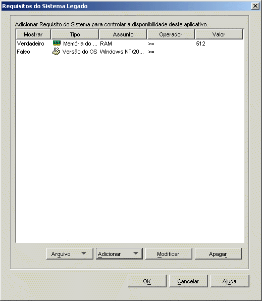 Caixa de diálogo Requisitos do Sistema Legado do objeto Aplicativo