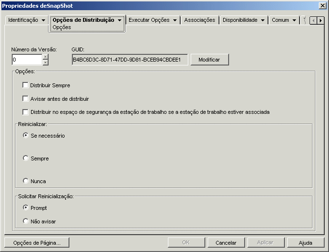 Página Opções de Distribuição do objeto Aplicativo