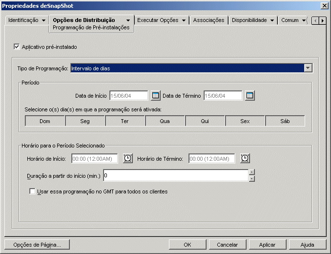Página Pré-instalação do objeto Aplicativo, com a opção Intervalo de Dias selecionada como tipo de programação