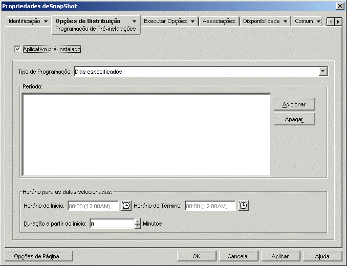 Página Pré-instalação do objeto Aplicativo, com a opção Dias Especificados selecionada como tipo de programação