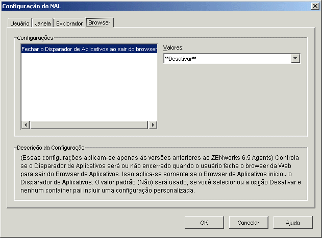 Caixa de diálogo Configuração do NAL com a guia Browser exibida