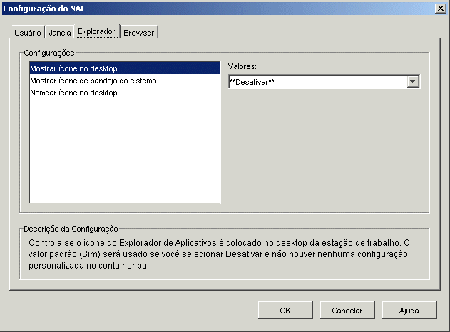 Caixa de diálogo Configuração do NAL com a guia Explorador exibida