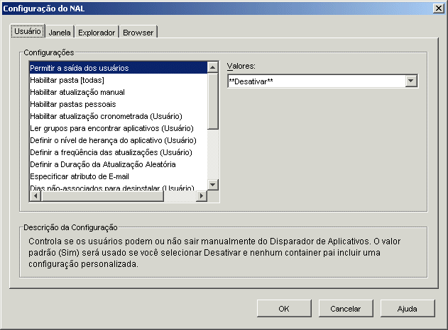 Página Configuração do NAL com a guia Usuário exibida