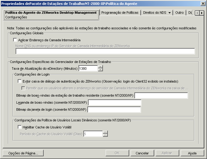 A página Configurações da Política do Agente do Desktop Management.