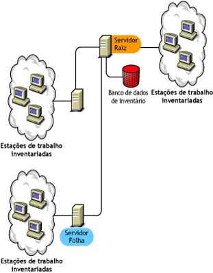 O Servidor Raiz, no nível mais alto, com estações de trabalho conectadas a ele. Além disso, mais de um Servidor Folha estão conectados a este Servidor Raiz com Estações de Trabalho Inventariadas.