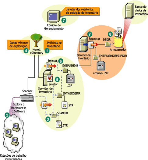 O ciclo de exploração de Inventário no cenário Roll-Up, que consiste em estações de trabalho com o Novell Client instalado.