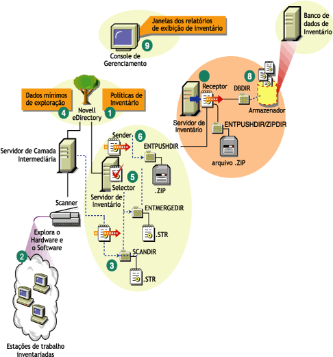 O ciclo de exploração de Inventário no cenário Roll-Up, que consiste em estações de trabalho sem o Novell Client instalado.