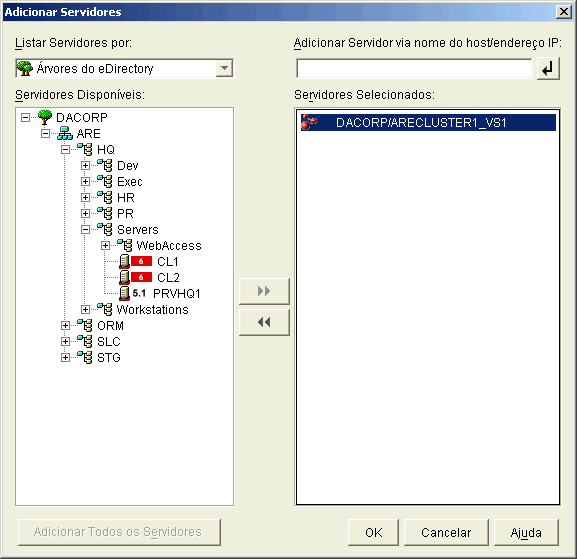 A caixa de diálogo Adicionar Servidores mostrando o objeto Servidor Virtual adicionado à lista Servidores Selecionados.