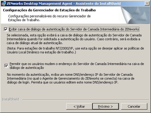 A página Configurações do Gerenciador de Estações de Trabalho do Assistente de Instalação do Agente do ZENworks Desktop Management.