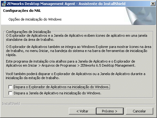 A página Configurações do NAL/Opções de Inicialização do Windows do Assistente de Instalação do Agente do ZENworks Desktop Management.